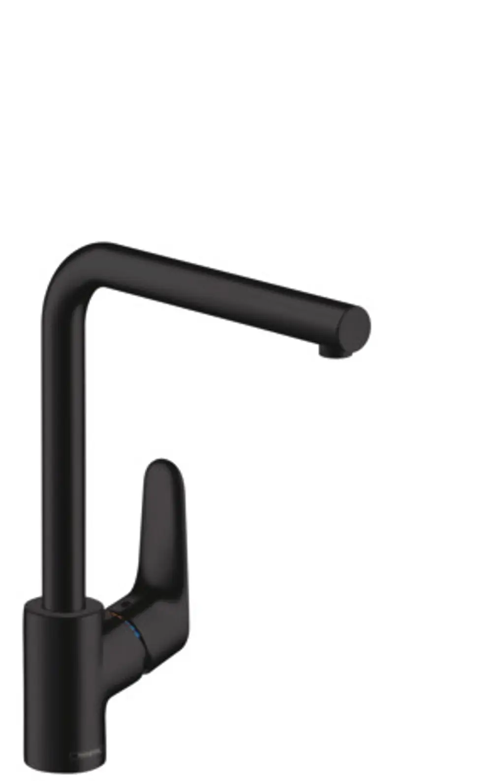 Schwarzer Küchenarmatur-Mischer mit geradem Auslauf und Hebel. Produkt von Hansgrohe, geeignet für Spülbeckeninstallation.